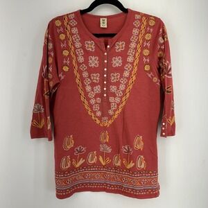 Lucky Womens Large Boho Floral Henley 3/4 Sleeve Tunic Top Festival Hippie Folk